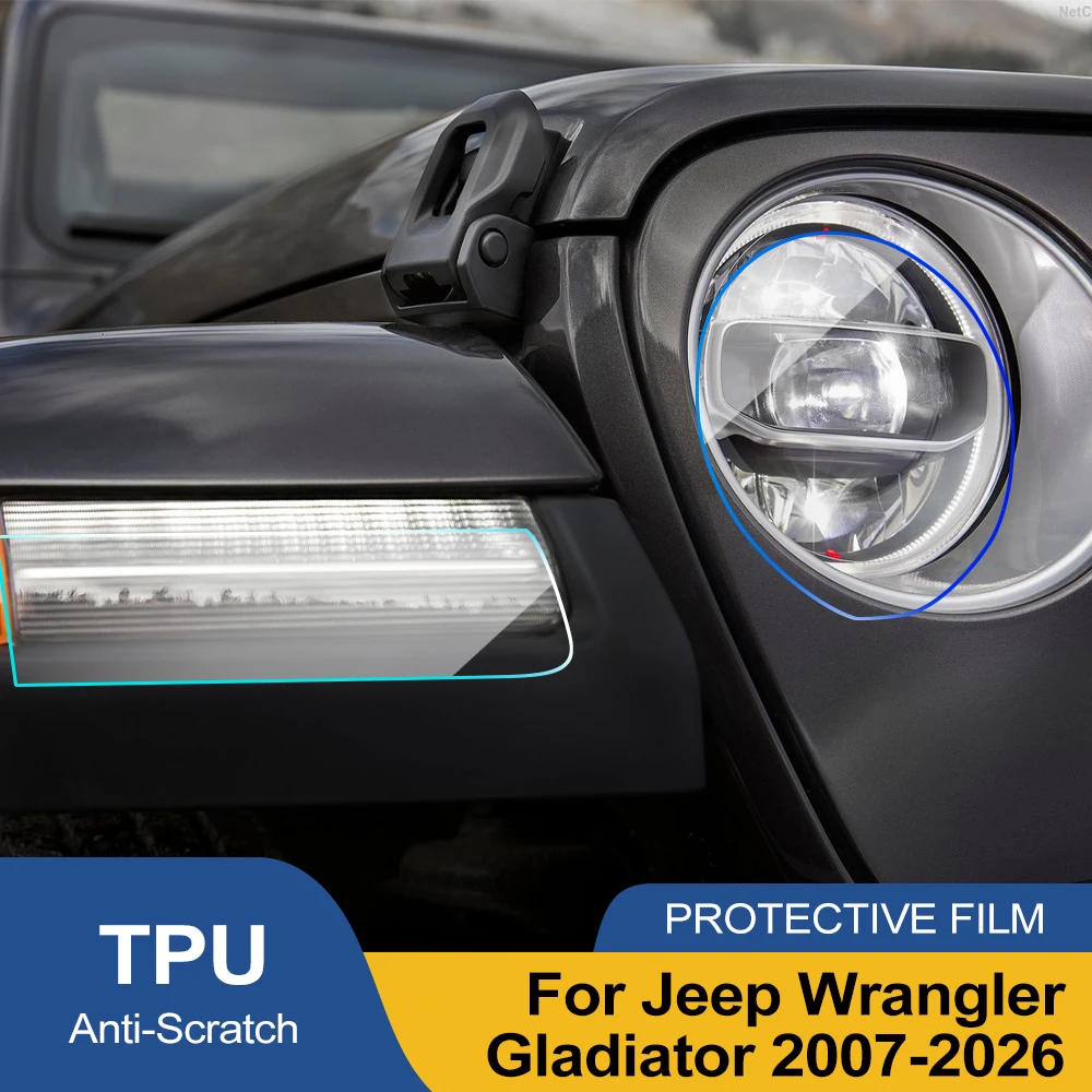 Custom Fit for Jeep Wrangler JL/Gladiator/JK High-Gloss Smoke Black Headlight Protective Film TPU PPF Pre Cut Anti-Scratch Film
