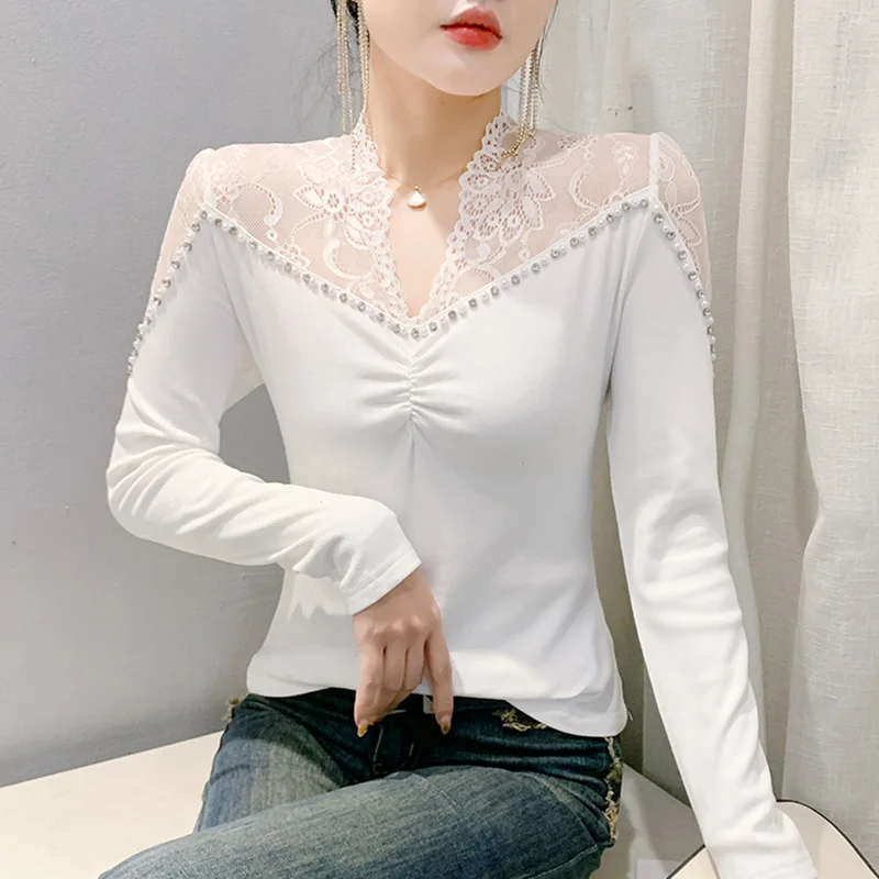 New Autumn Winter Long Sleeved V-Neck Women\'s T-Shirt Elegant Slim Sexy Hollow Out Beading Mesh Tops M-3XL Clothing