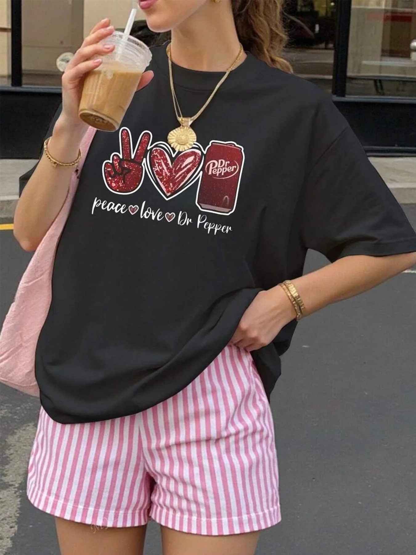 

Plus - Size Trendy “peace love Dr Pepper” Graphic Tee, Short - Sleeve with Soda Theme