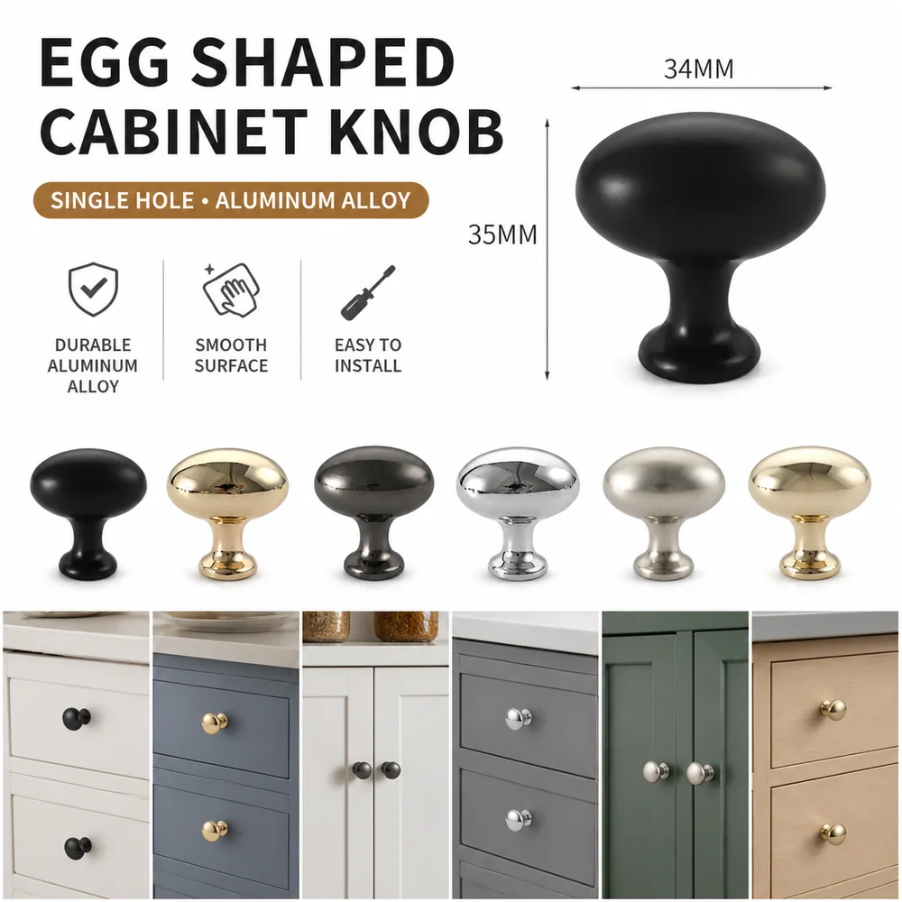 Vintage Oval Cabinet Handles Aluminum Alloy Single Hole Cupboard Knob Decorative Egg Shaped Furniture Handles Kitchen Cabinets
