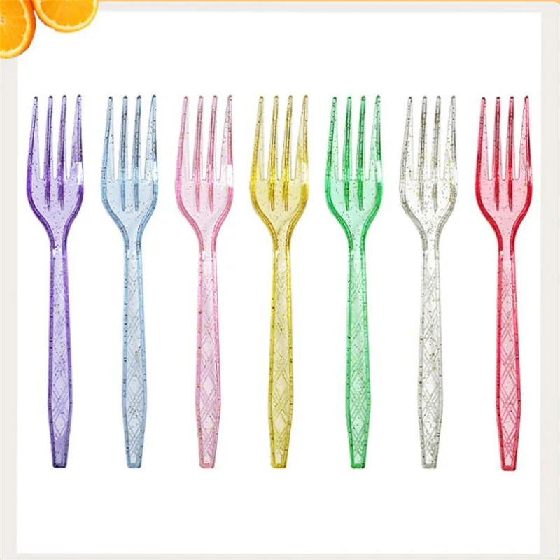 

7 color Solid color transparent gilt fork fruit fork encanto dessert fork birthday theme party party disposable fork tableware