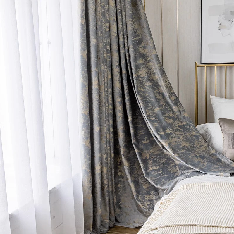 Luxury Grey Gold Jacquard Velvet Blackout Curtains, Thermal Insulated Window Drapes for Living Room Bedroom