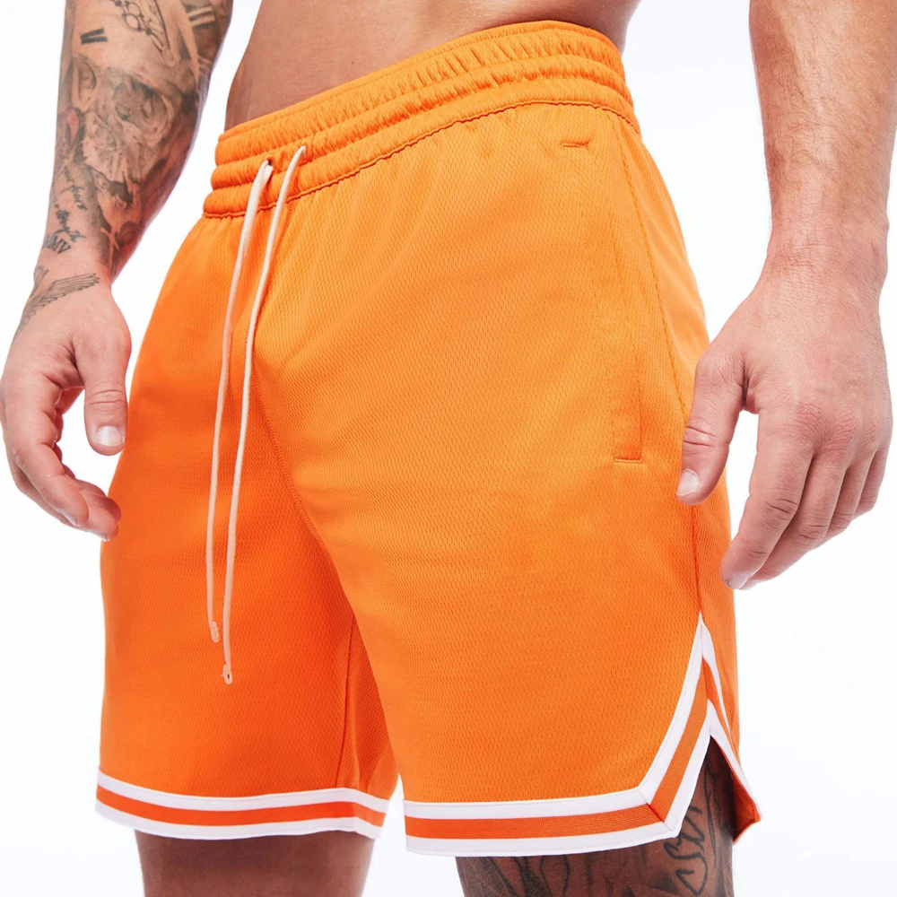 Pantalones cortos de baloncesto transpirables para hombre, pantalones deportivos de malla naranja para Fitness, ocio, entrenamiento, secado rápido,