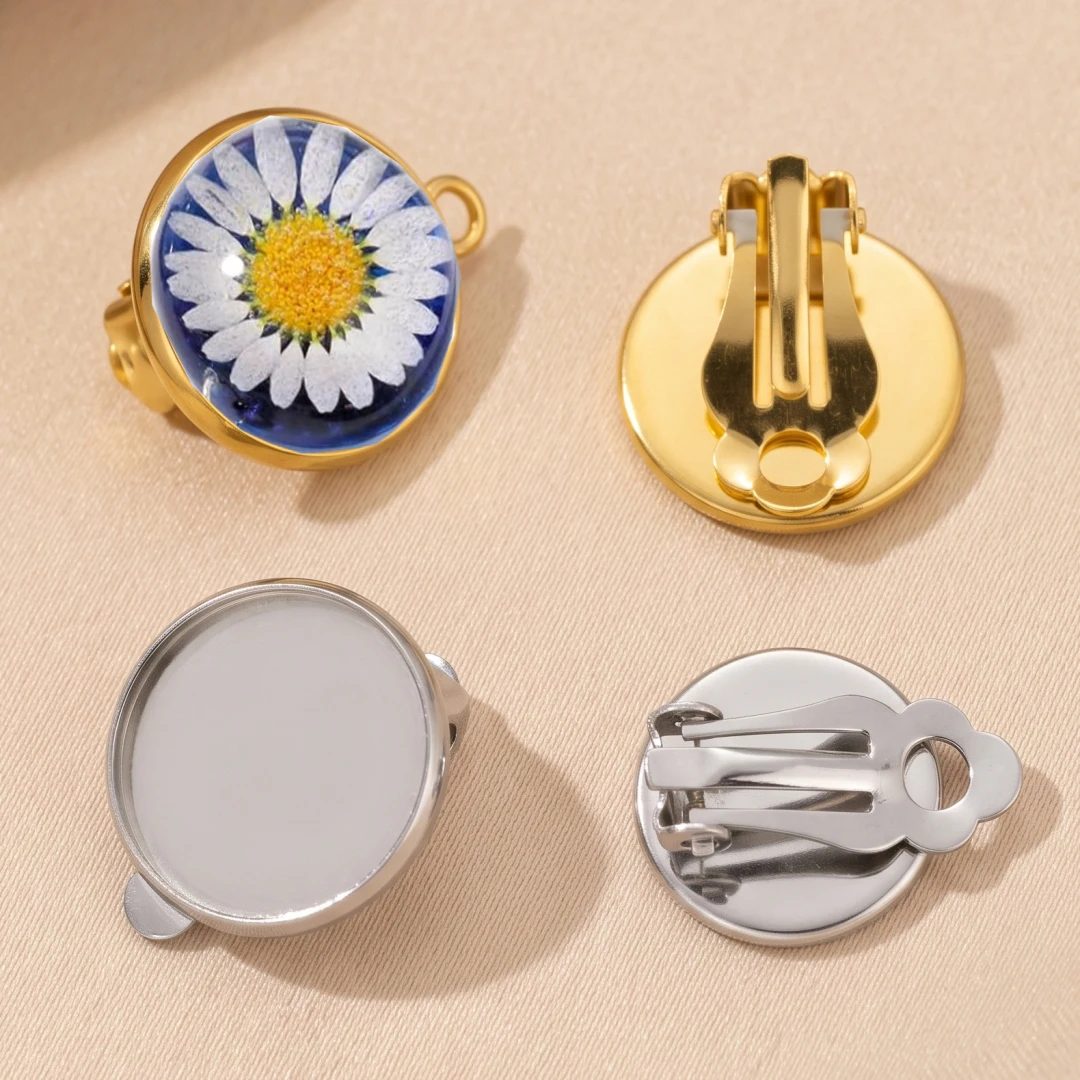 10pcs Stainless Steel Clip-on Earring Pad Base Flat Back Round Tray Blank Setting No Need Ear Pierced Non Piercing Jewelry