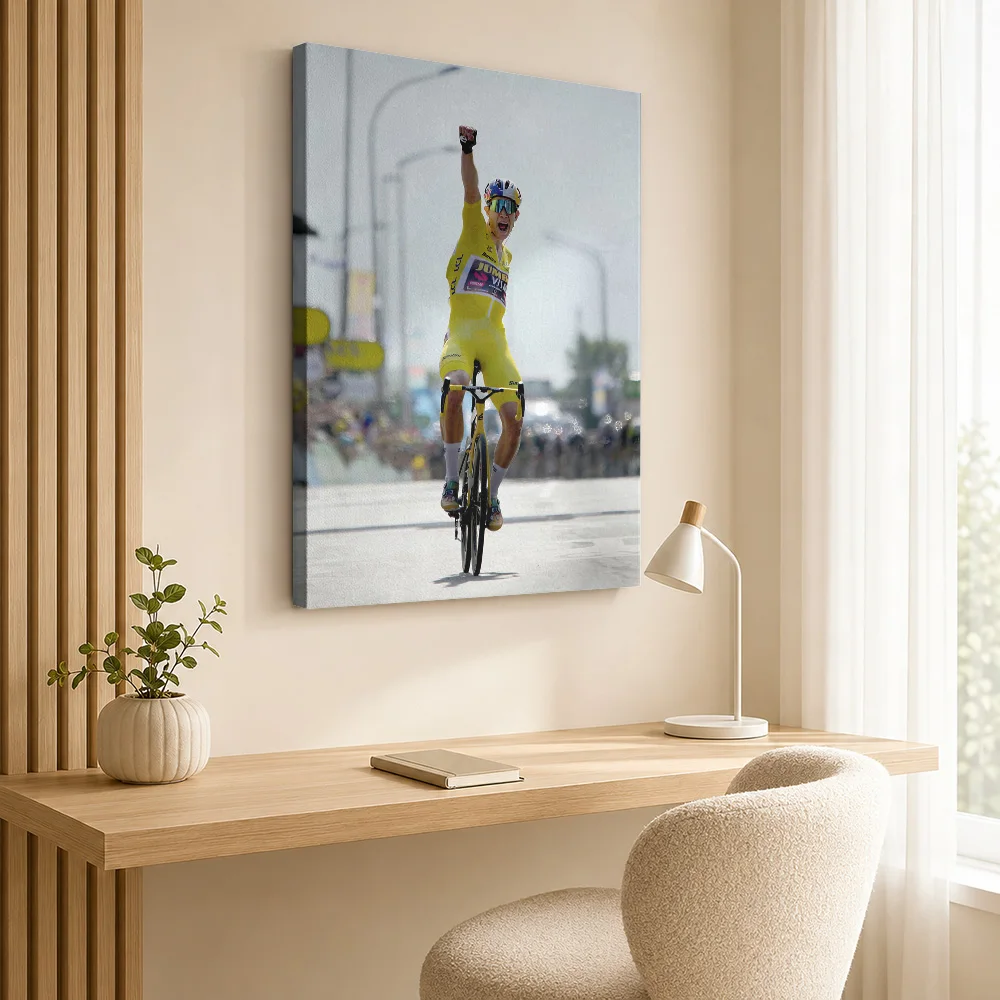 Cyclist in Yellow Jersey Celebrates Victory Canvas Poster Customized Photo Sports Portrait Canvas Wall Art for Game Room Decor