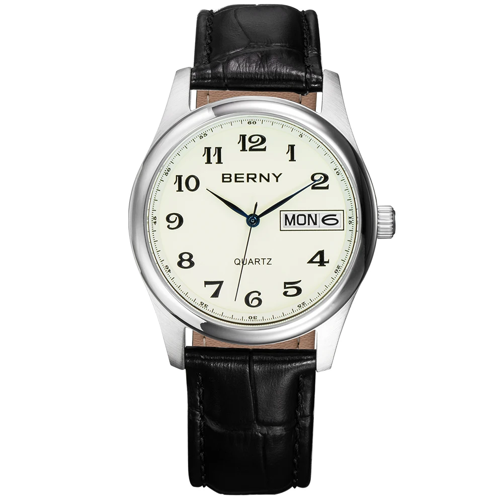 BERNY Quartz Watch for Men Miyota 2405 Business Male Wristwatch Day Date Calendar Genuine Leather Classic Men Watches Waterproof