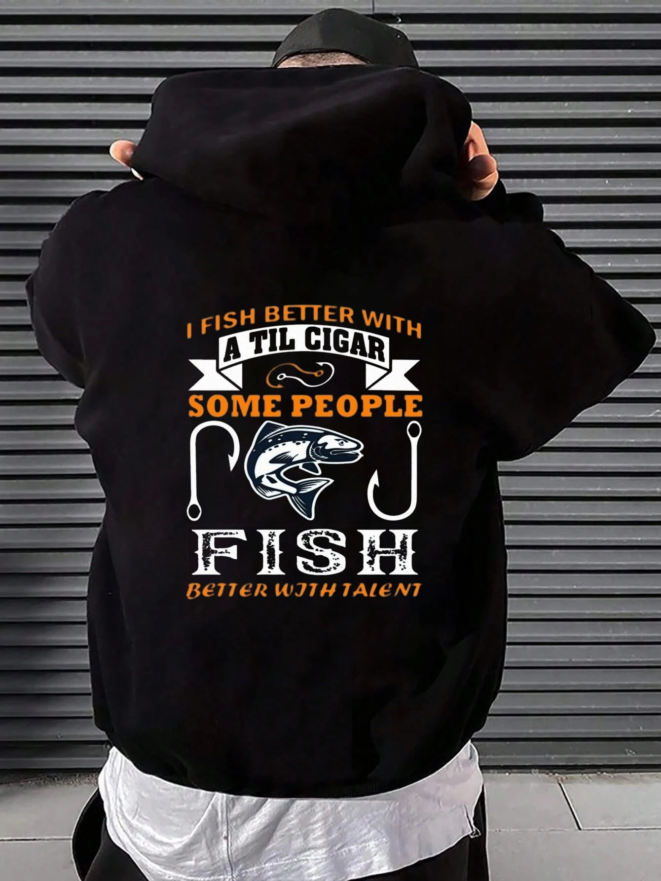 

Men's fishing pattern hoodie with "I Fish Better with A Til Cigar" printed comfortable hooded sweatshirt