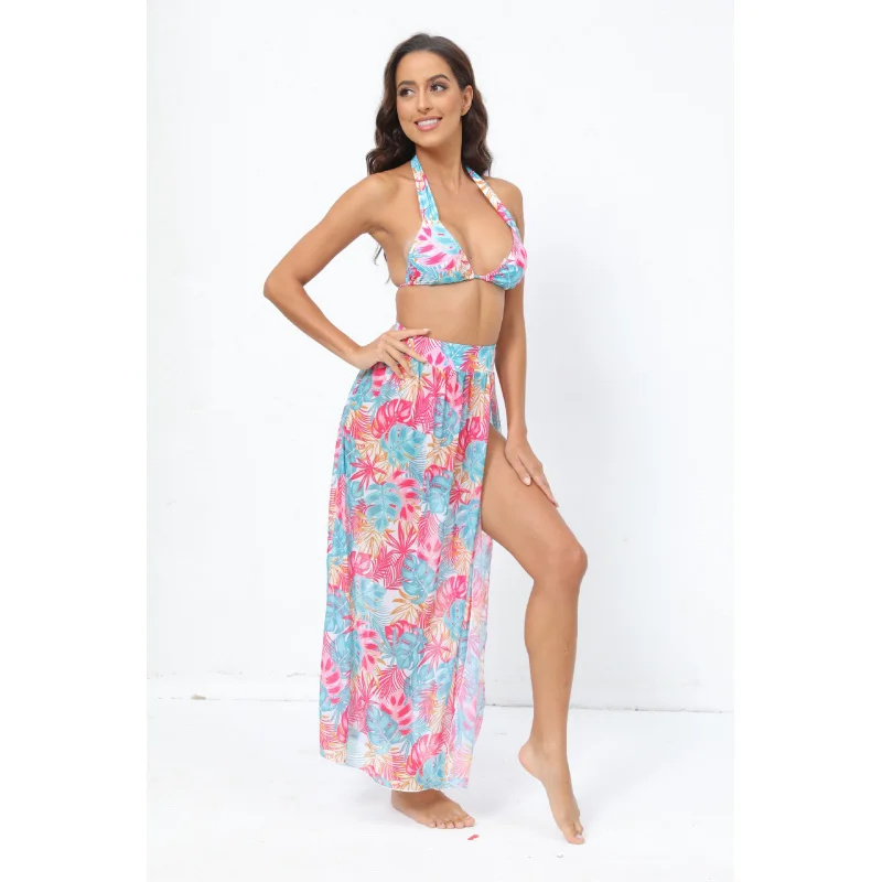 Maillot de bain deux pièces imprimé en maille pour nouvel an, ensemble trois pièces, Sexy, plage, avec jupe fendue,OM20