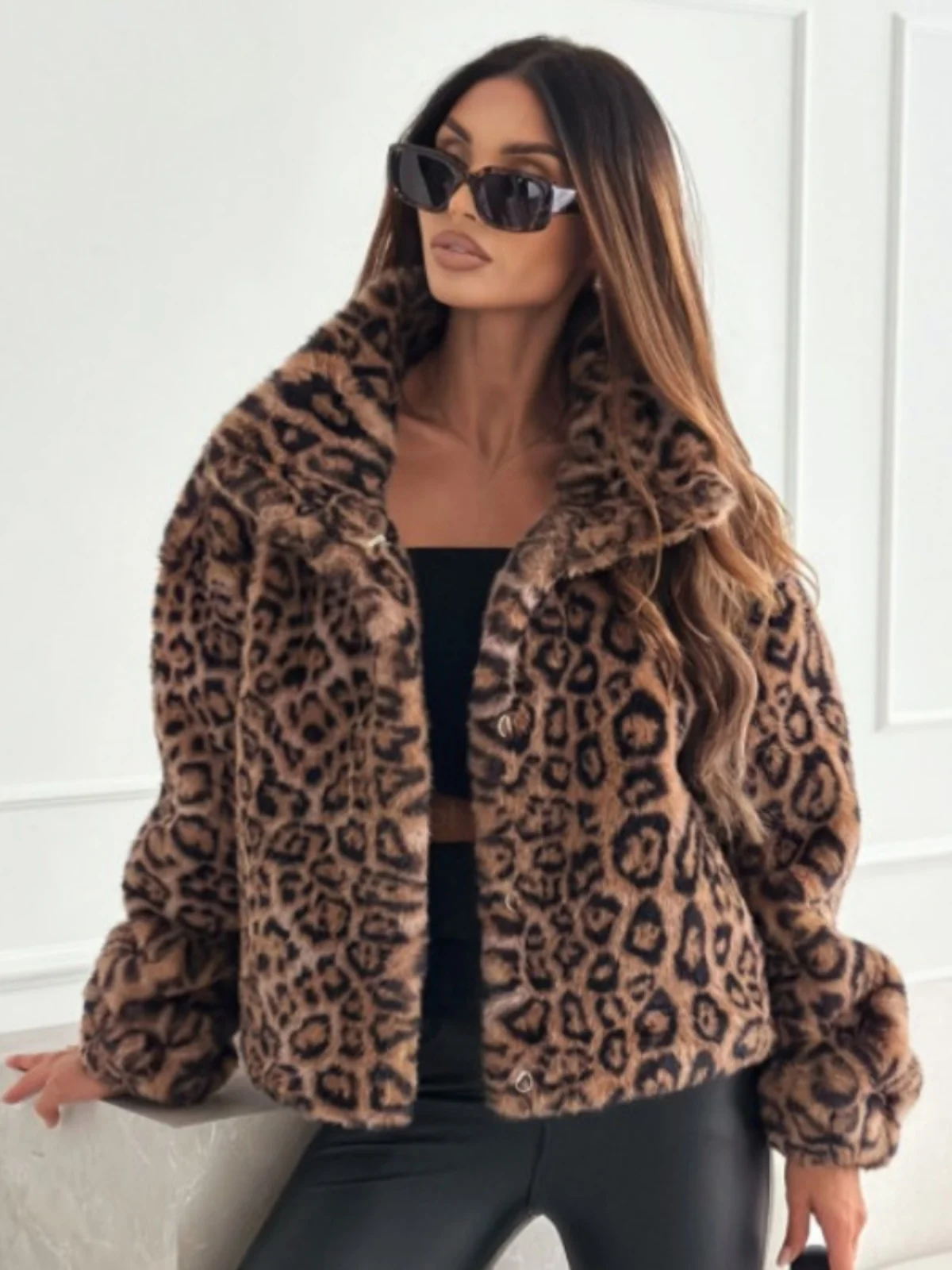 معطف قصير فضفاض مبطن بالصوف للخريف والشتاء، كارديجان بنقشة الفهد بأسلوب الشارع، مزيج من البوليستر بأكمام طويلة