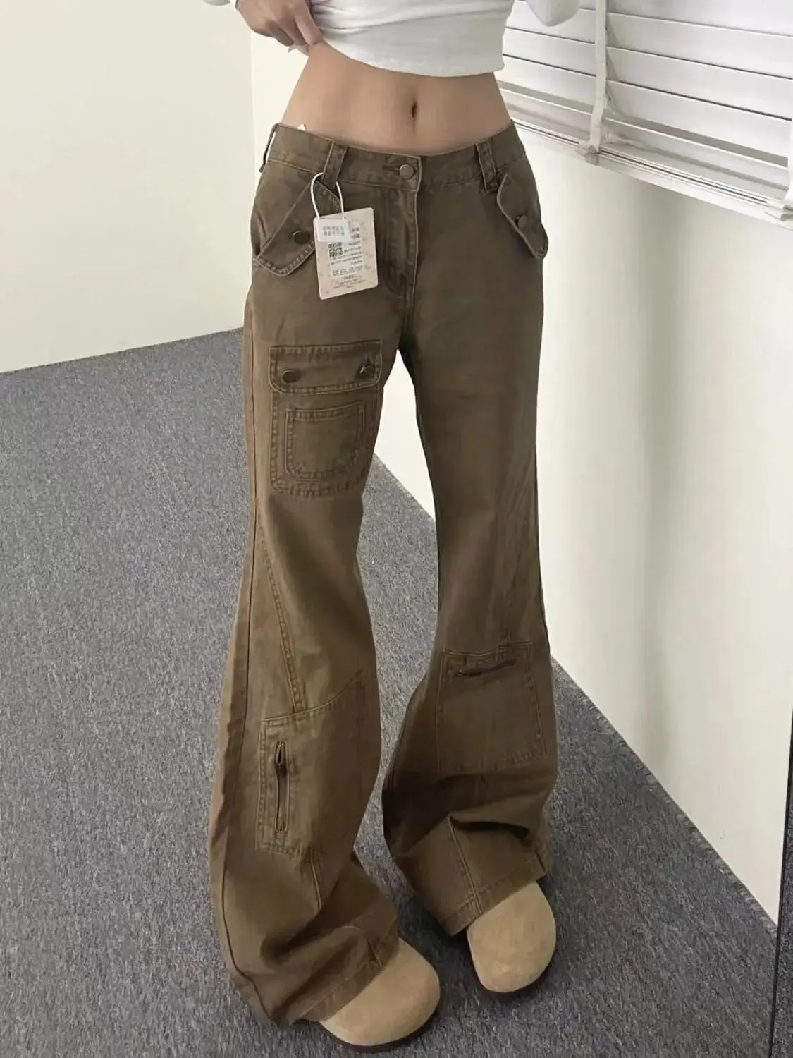 Vintage High Waisted Micro Flared Jeans Women Khaki Cargo Pants Y2k Button Multi Pockets Denims Trousers Floor Length