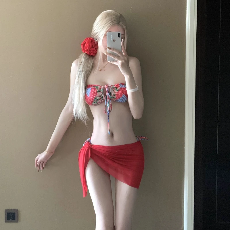 

Women's Bikini Set Print Halter Cutout Padded Top Tie Side Triangle Bottom Wrap Cover Up Skirt Sexy Summer Bathing Suit Swimwear