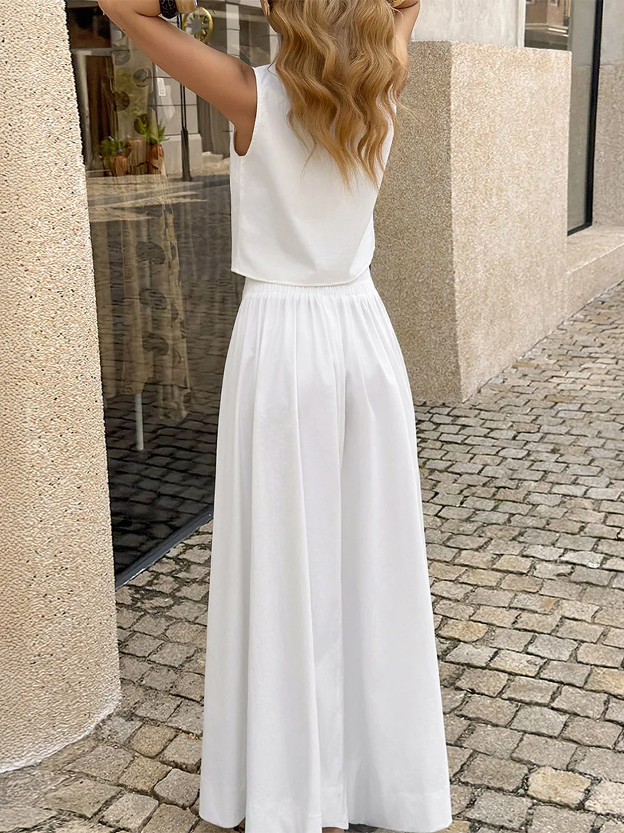 Onecozyday Women's Casual 2 Piece Skirt Set Solid White Sleeveless Crop Top & High Waist Maxi Skirt With Slit 2026 Casual Suit - view 3