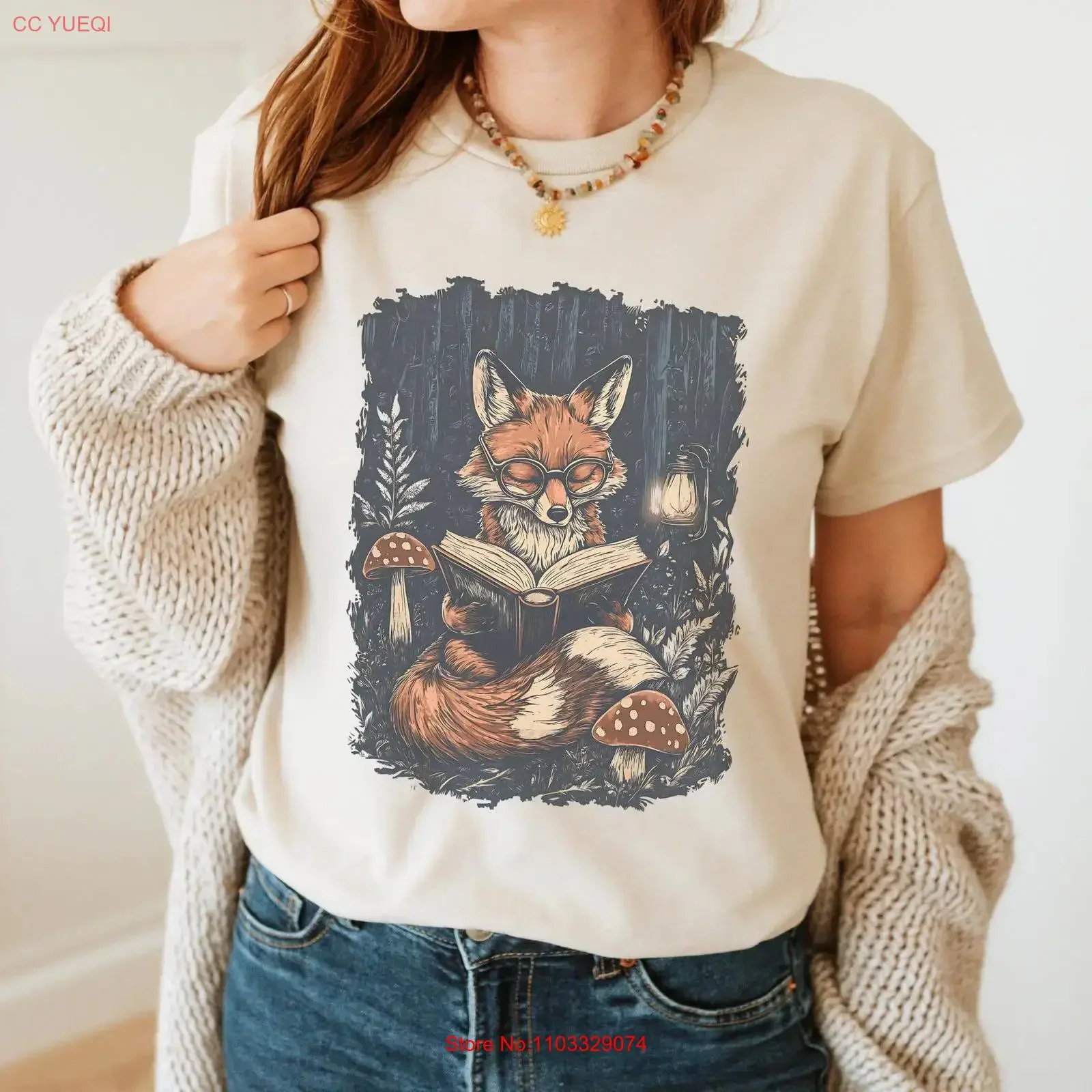 Camiseta Cottagecore Fox con estampado de lino de bosque, estilo vintage, con motivos de hongos, lectores del bosque y animales del bosque, con efecto lavado, moda vintage