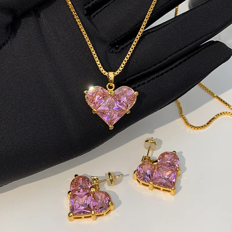 Pink Love Heart Zircon Necklace Earring Set For Women 2023 New Fashion Romantic Crystal Pendant Necklace Jewelry Exquisite Gift