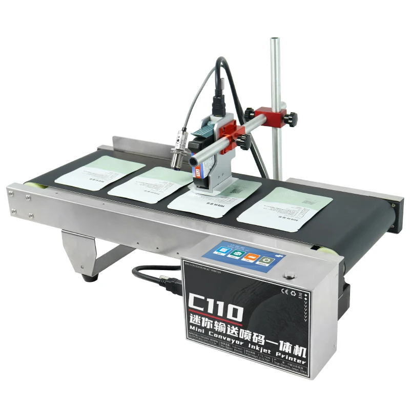 C110 Mini Conveyor Inkjet Printer Multi-Functional Small Coding Machine for Bags Paper Belts Pouches Cans for Production Date QR