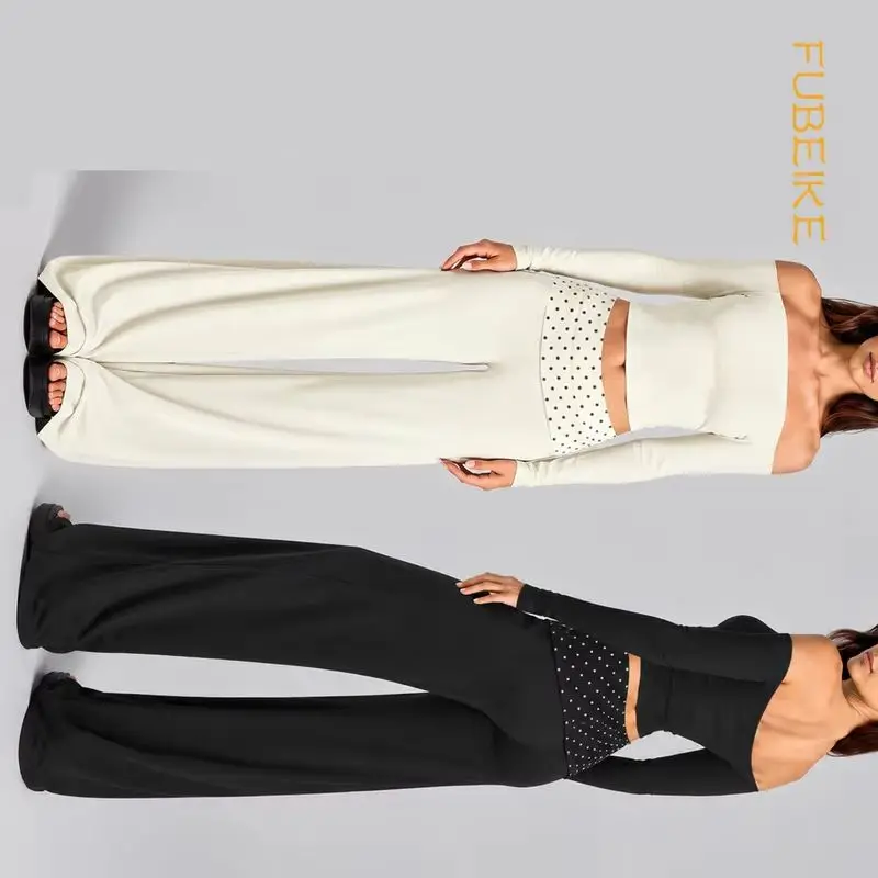 Women Fitness Yoga 2 Piece Set Off Shoulder Quick Dry Long Sleeve Crop Top Casual Contrast Polka Dot Waistband Wide Leg Pants
