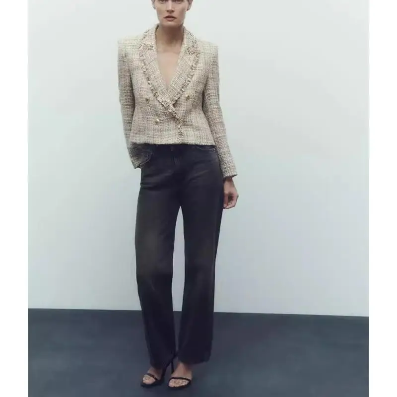 Jesień Zima Nowości Damski Płaszcz Garniturowy Dwurzędowy Zapinany na Guziki Postrzępiony Kołnierz Krótki Płaszcz w Stylu Little Black Dresowy Długość do Kolan Czysty C...