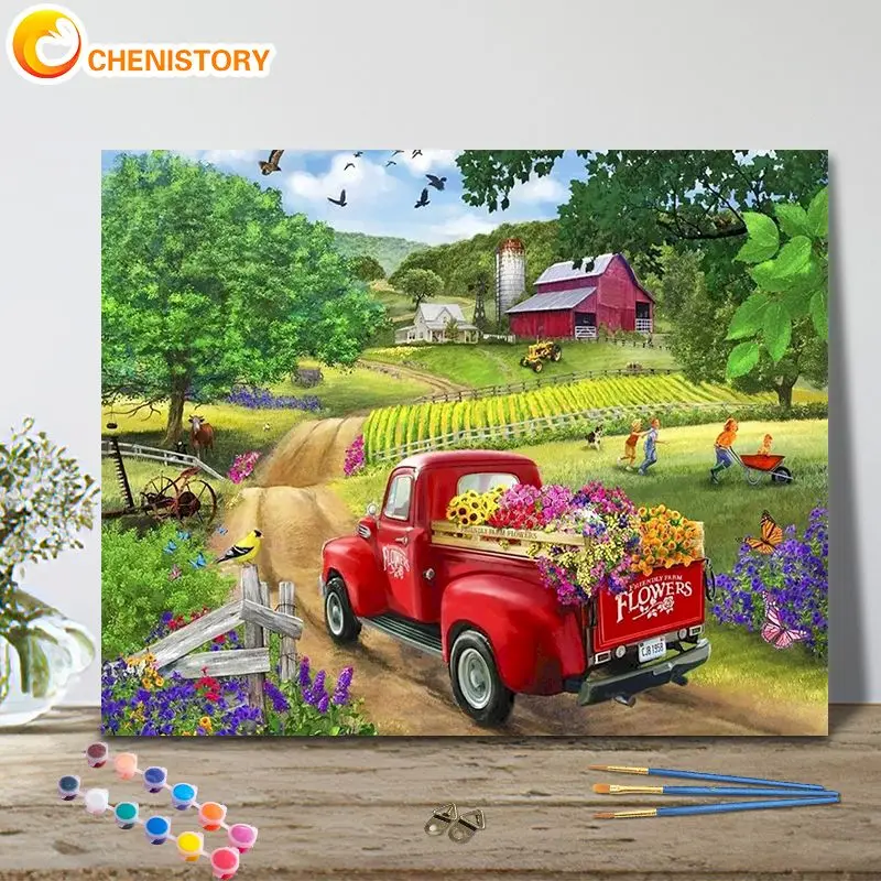 

CHENISTORY Picture By Number Red Car Scenery Kits Diy Unique Gift Painting By Numbers On Canvas Handpainted Decoration Art Gift