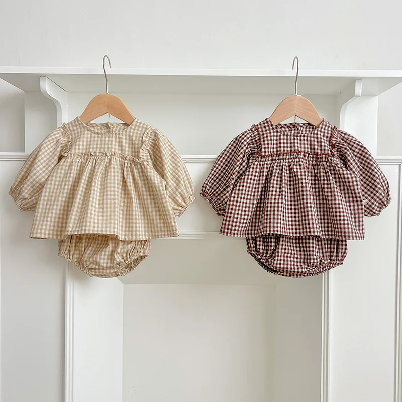 2Pcs Newborn Baby Girls Clothes Organic Cotton Ruffled Plaid Long Sleeve Shirt Top + Bread Pants Korean Casual Clothing 0-24M