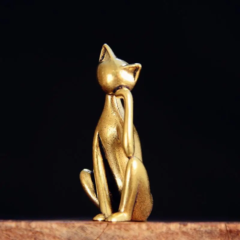 Hot Sale Mini Brass Contemplative Cat Figurine Funny Sculpture Collectible For Table Shelf Home Office Daily Display Use