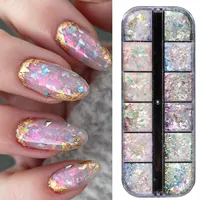 12 Grids Iridescent Crystal Nails Aurora Glitter Fire Flakes Holographic Sparkle Sequins Charms Gel Polish Manicure Flash Decor
