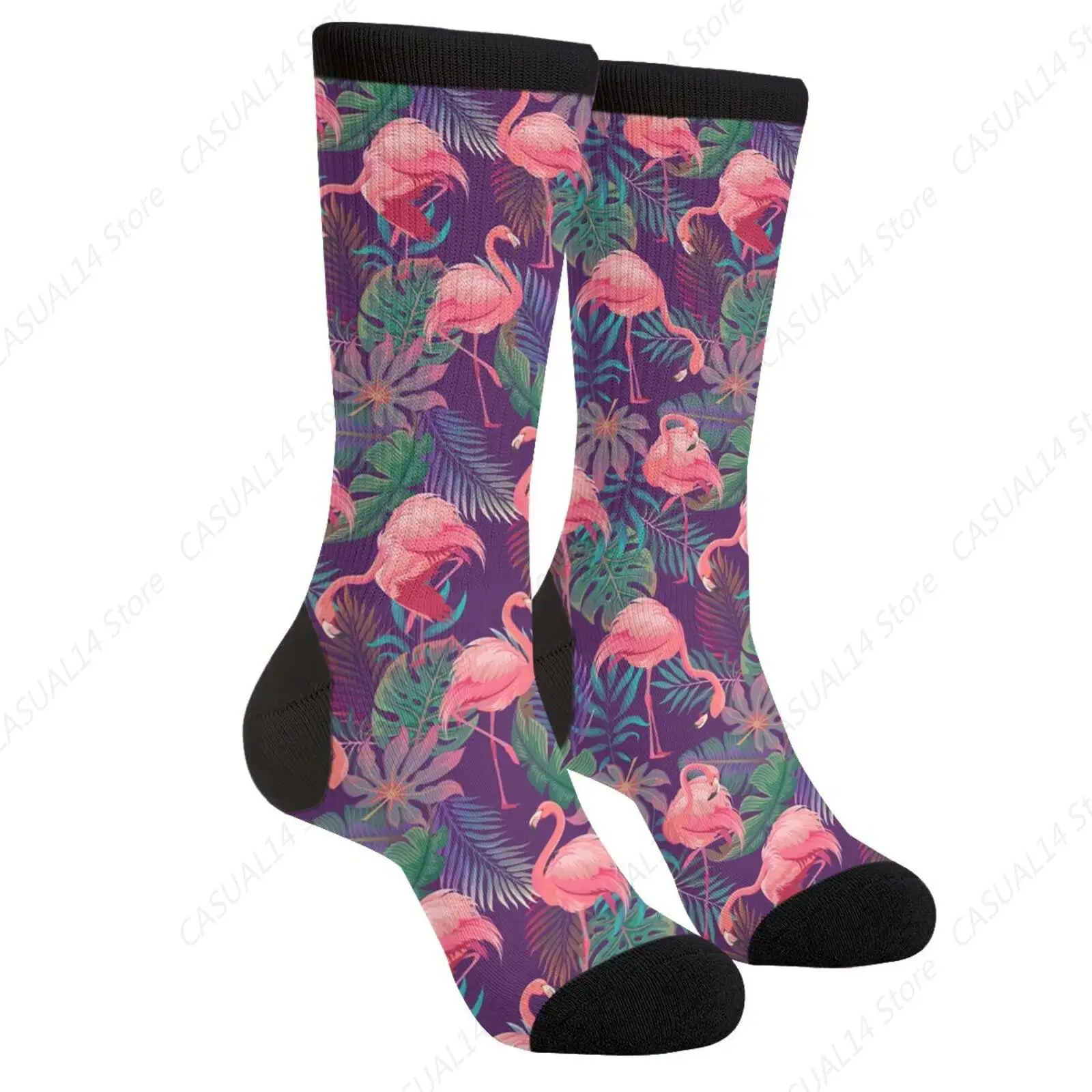 Flamingo Tropical Floral Leaves Funny Novelty Socks Casual Athletic Crazy Cute Crew Socks For Women Men