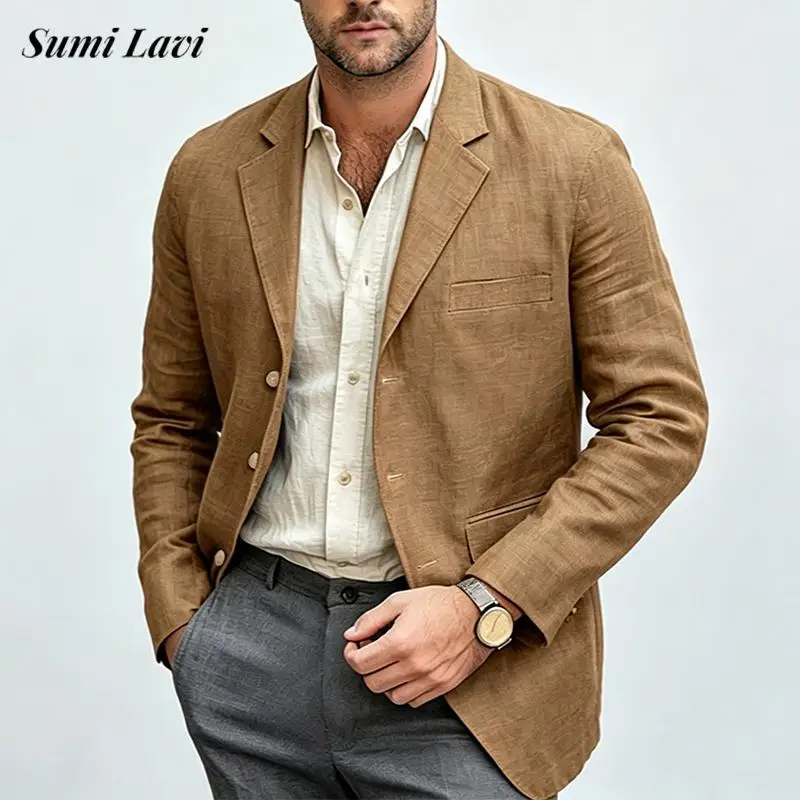 Fashionable Solid Color Blazer Jacket Men 2026 Spring Fall Solid Color Loose Lapel Coat Casual Buttoned Turn-down Men Outwear