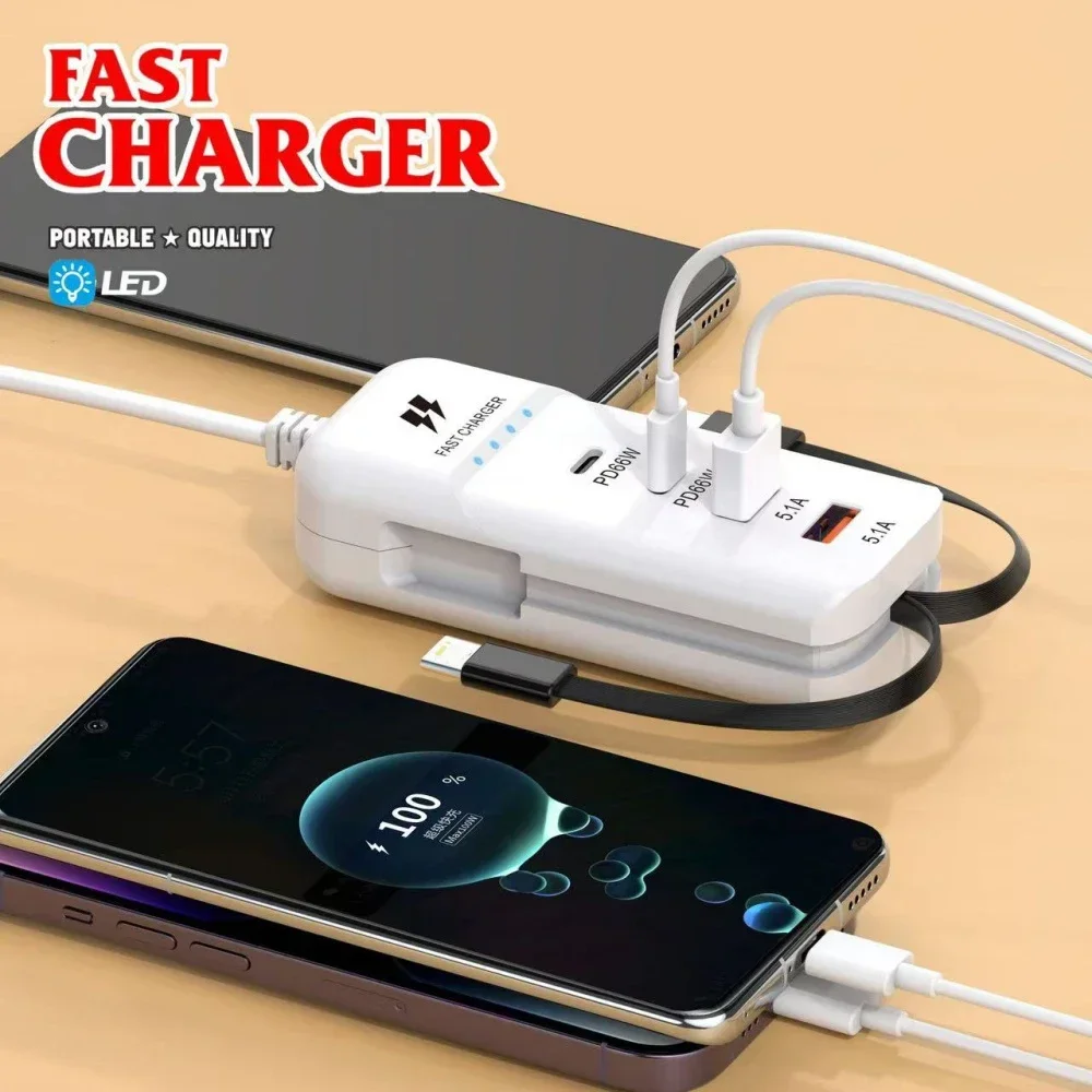 66W Fast USB Charger 4-Port Type C Charging Station for Multi Devices USB Hub Adapter for iPhone 15 16 Samsung Xiaomi Huawei