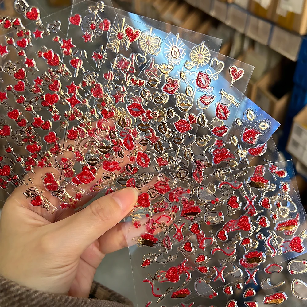 1sheet Mini Red Love Bow Nail Stickers Gilded Ribbon Bowknot Moon Satr Valentine's Day Nail Declas Gold Lines Wings Nail Sliders