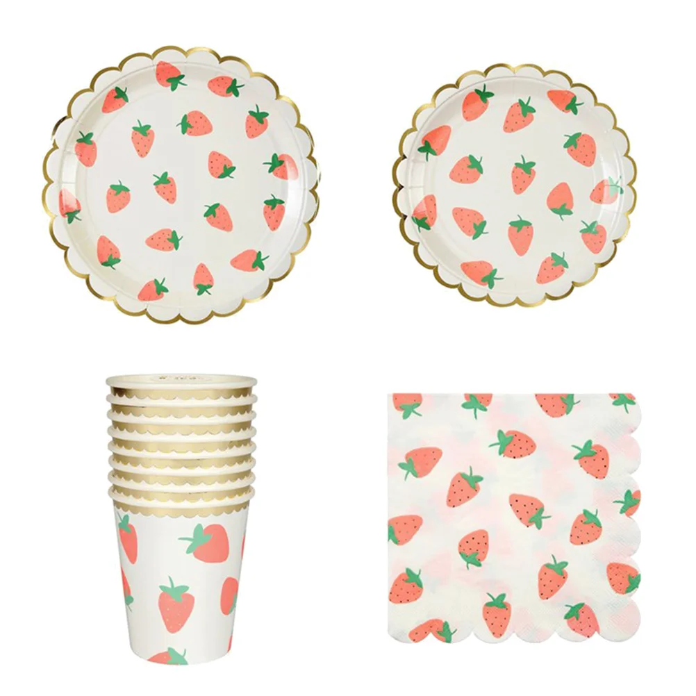 

40pcs Summer Party Supplies Set Gilding Strawberry Paper Plates Cup Napkin Tableware Set for Birthday Wedding Festival