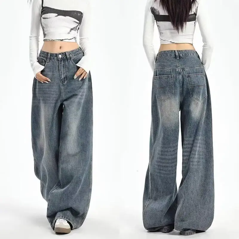 Girl Light Blue Jeans Drape Wide-Leg Pants Leisure Loose Versatile Straight-Leg Pants Spring Autumn Female Student Floor Pants