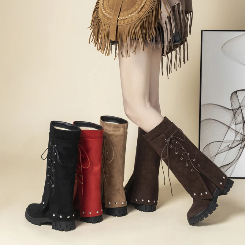 Women Winter Warm Fleece Lined Snow Boots Faux Suede Rivet Decor Lace‑Up Knee‑High Boots Thick Platform Sole Retro Ladies Botas