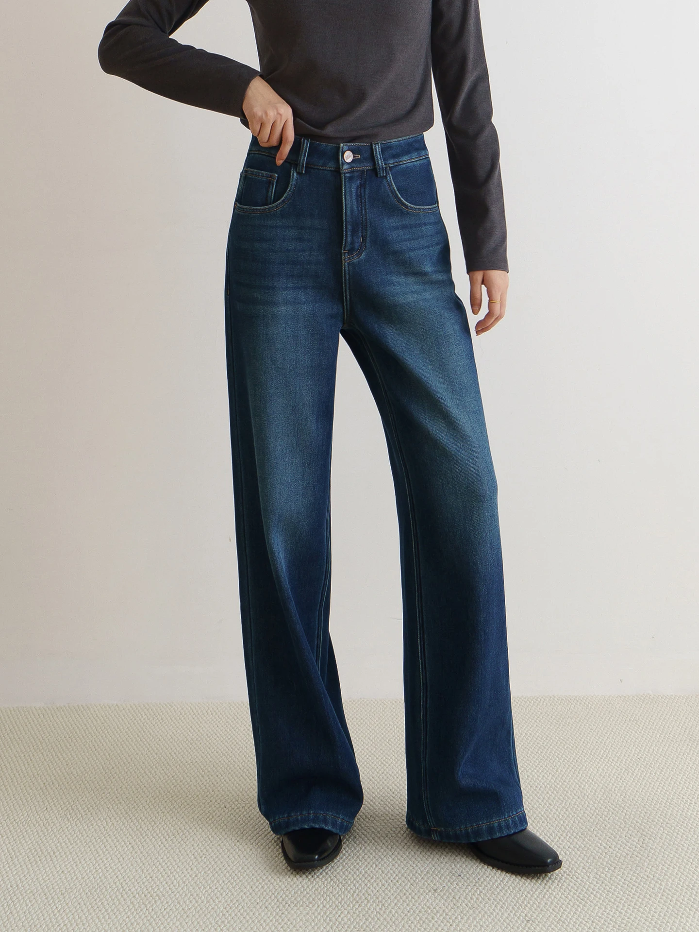 

Floradance с высокой талией на подкладке, облегающие прямые джинсы, женские зимние новые свободные широкие брюки, повседневные хлопковые джинсовые брюки