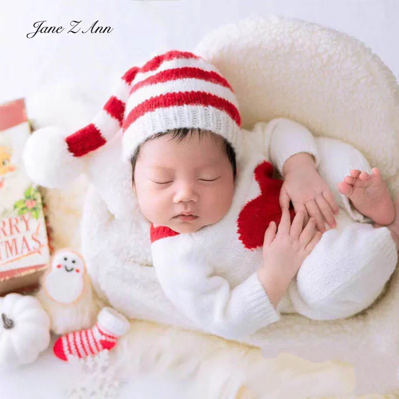 

Рождественский комплект одежды для фотосессии новорожденных, шапка в красную и белую полоску с помпоном + детский комбинезон, реквизит для детской фотографии