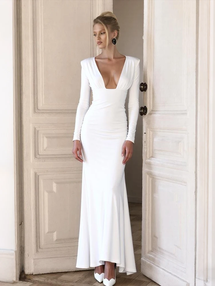 Kliou ruched elegante vestidos longos mulher outono novo estilo baixo pescoço manga cheia magro alta estiramento meia-noite baile de formatura vestidos de festa