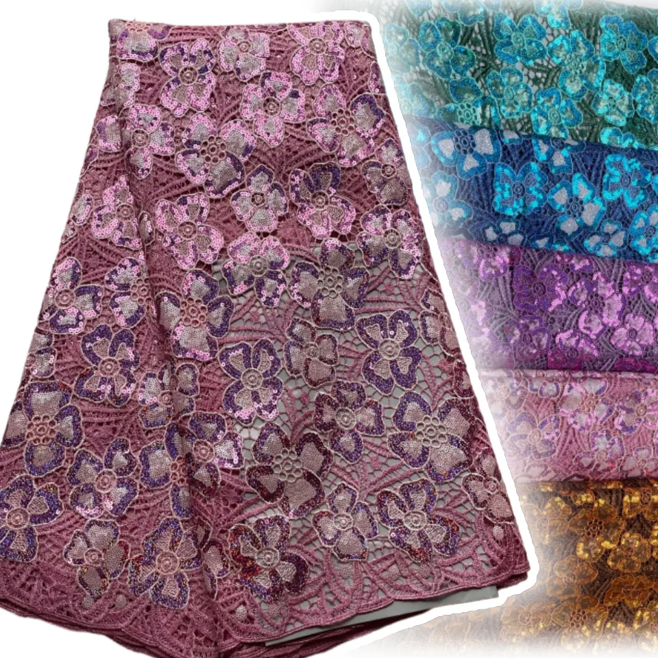 

Роскошная розовая кружевная ткань 2025 года с блестками, 5 ярдов, гипюровый французский кружевной материал с 3D повязкой на голову Sego SZ1412