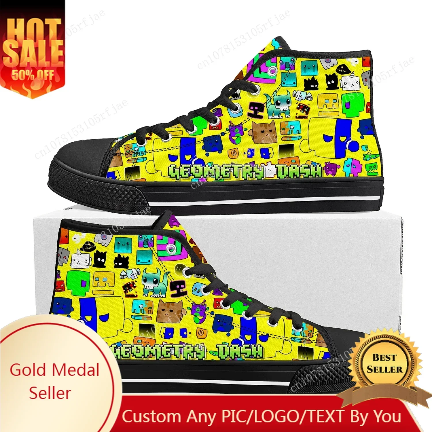 

Geometry Dash High Top Sneakers Cartoon Game Mens Womens Teenager Fashion High Quality Canvas Sneaker Custom Built Couple Shoes