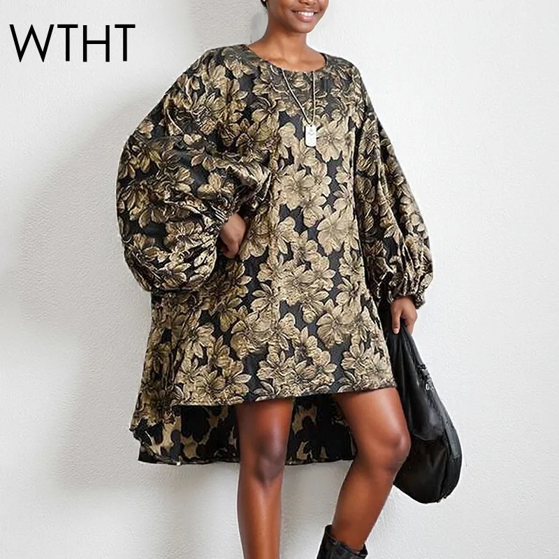 

WTHT модное женское свободное платье с 3D жаккардовым дизайном, осень 2023, модные короткие платья с круглым вырезом и длинными рукавами, женские 1LS2729