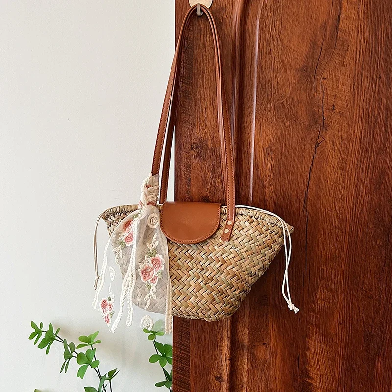 

Brand Design Hand-woven Leather Patchwork Straw Shoulder Bag Women's Small Tote Bag Summer Bali Travel Holiday Seaside Beach Bag