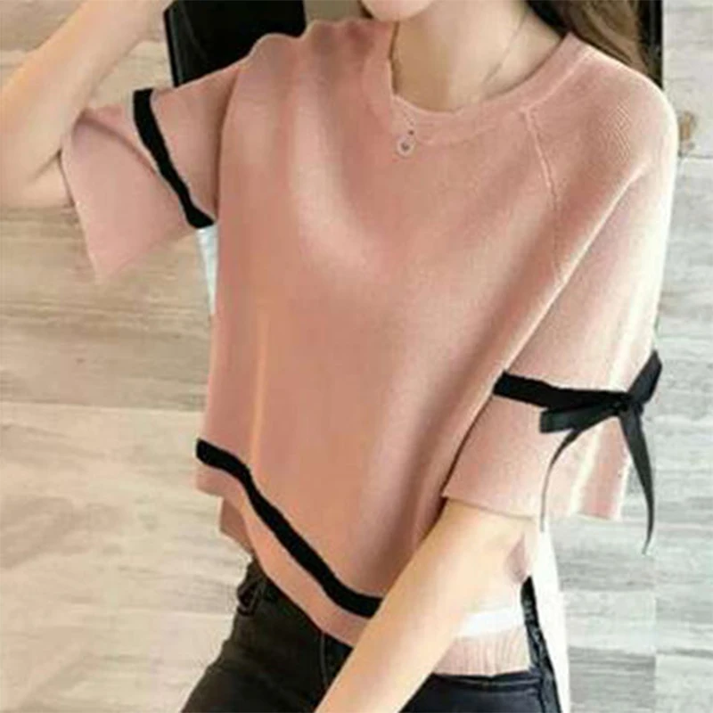 Spring Summer Oversized Elegant Fashion Bow Knitted Pullover T-shirt Tops Women Flare Half Sleeve Temperament All-match Tees