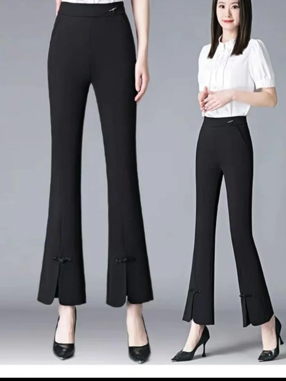 

Новые китайские брюки для мам, женские весенние повседневные расклешенные брюки, утягивающий дизайн, длинные брюки с разрезом на пуговицах и высокой талией