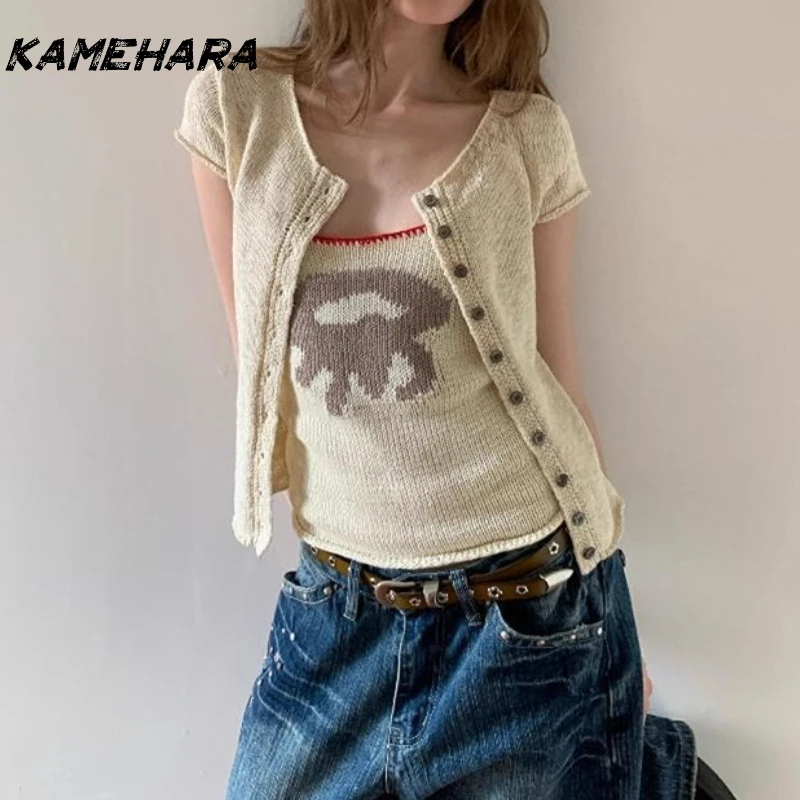 

KAMEHARA Korean Retro U-neck Backless Sweet Spicy Embroidery Printed Knitted Suspender Summer Design Niche Cardigan 2-piece Set