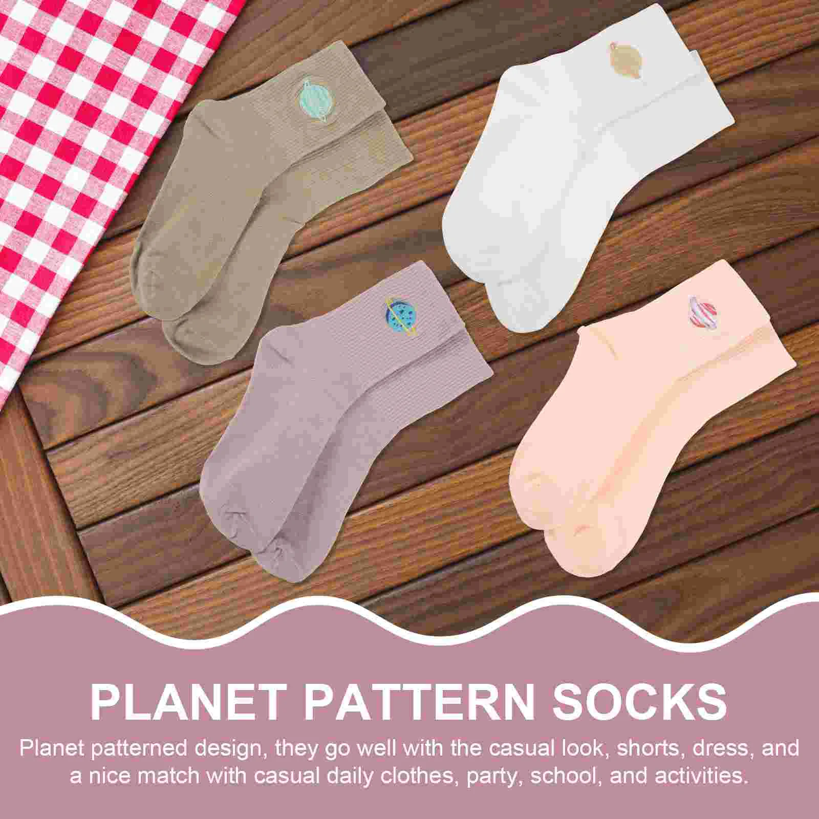 5 Pairs Socks Ladies Planet Mid-tube Embroidery Pattern Ankle Ordinary Cotton Stockings Green Adults Lovers Miss