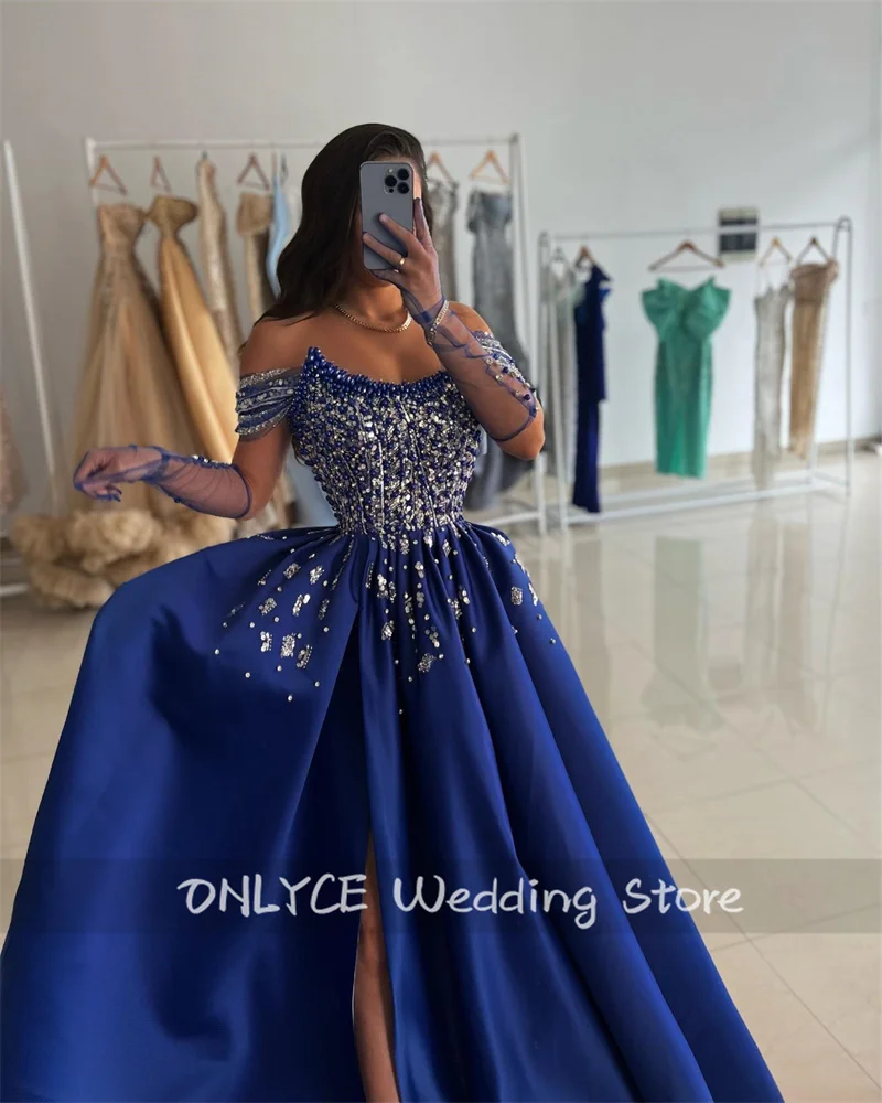 Luxury Royal Blue Evening Dresses With Two Gloves Pearls Beading Crystals Pleats فساتين طويلة Formal Prom Party Gowns Customized