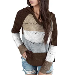 Women Patchwork Colour Hoodies Ladies Loose Long Sleeve Casual V-neck Autumn 2024 New Comfortable Versatile Pullover Tops