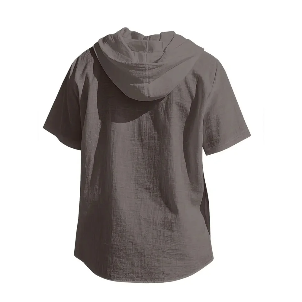 Sommer männer Mit Kapuze Baumwolle Leinen Hemd Einfarbig Atmungsaktive Leichte Kurzarm Kordelzug Design Tees Männlich Casual Tops – Detail 7