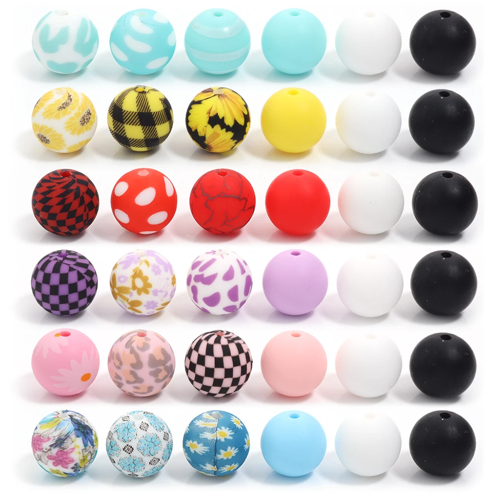 

25pcs Water Transfer Printing Flowers Silicone Beads Loose Round for Keychain Pen For Jewelry DIY Charms Bracelet Accessories