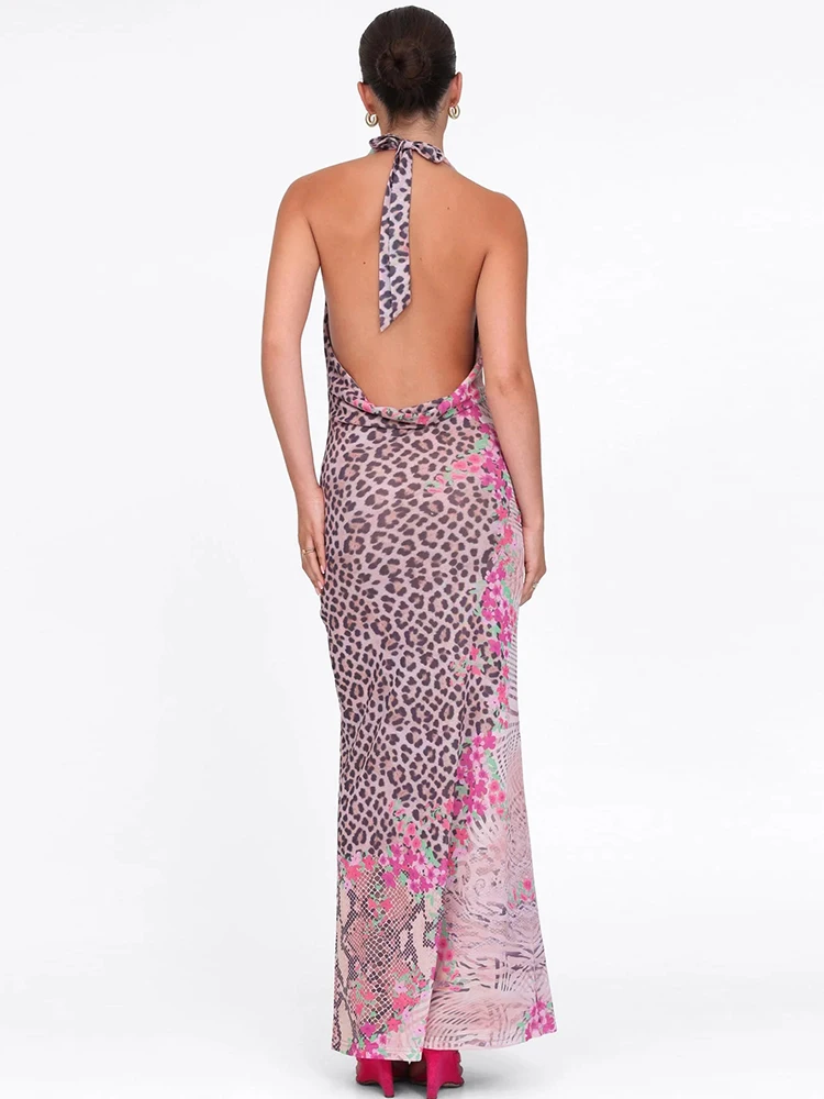 แปลกPussเสือดาวพิมพ์ชุดผู้หญิงBackless Lace-Up Halter Patchwork SwingคอแขนกุดMidnight Clubwear Party vestidos