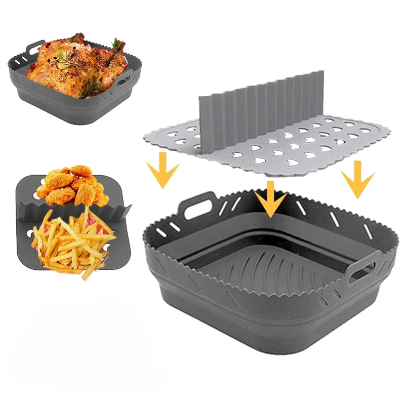 Air Fryer Silicone Basket Plate Square Reusable Air Fryer Cooking Accessories Foldable 20cm/22cm Airfryer Tool Baking Molds