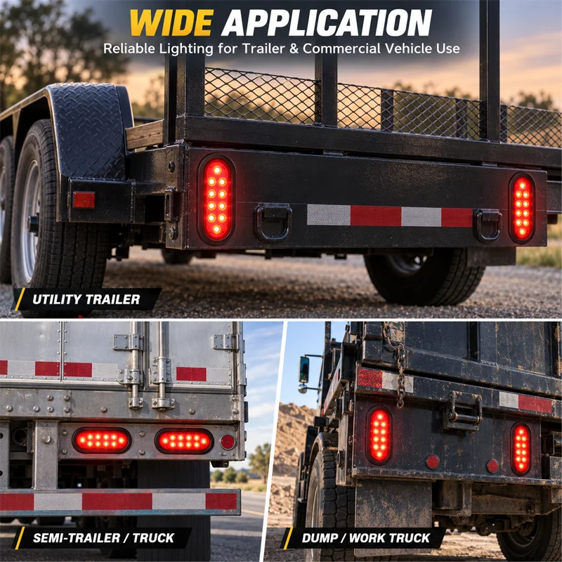 4Pcs LED Trailer Tail Lights 6 Inch Oval Red Stop Turn Brake Running Lights IP67 12V with Rubber Grommets 3-Prong Plugs